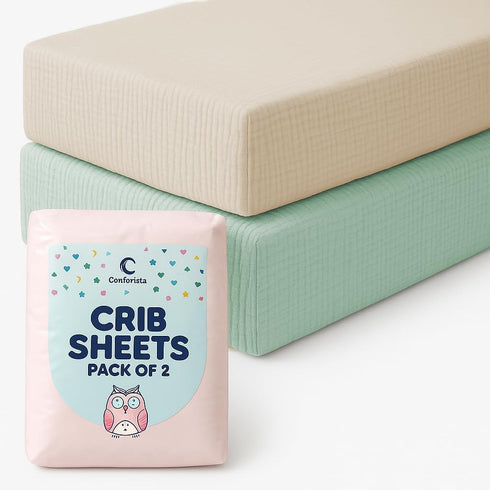 Set 2 52x28x9 Crib Mattress Sheet of Green & Beige, Premium Muslin Cotton, Fitted Crib Sheets Snugly, Breathable & Soft