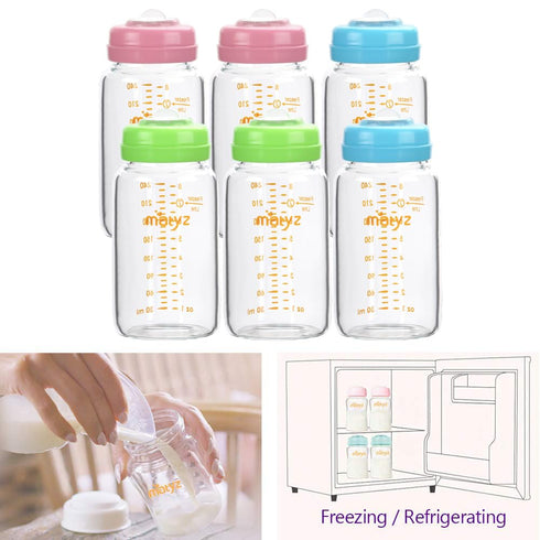 6 Pack, 8 oz, Set (3 Matyz Glass Breastmilk Storage Bottles, Compatible With Spectra Medela Breast Pump - Freezer Safe
