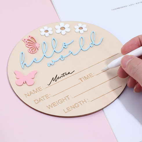 TAHULIK 5.9 Inch Hello World Newborn Sign, Butterfly Style Birth Welcome Board, Pink World Baby Announcement Sign