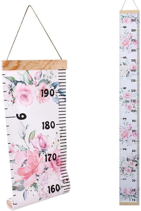 Baby Growth Chart Ruler Wall Hanging Measurement Chart with Wood Frame for Kids Nursery Room 8'' x 79'' (Pink Flower)