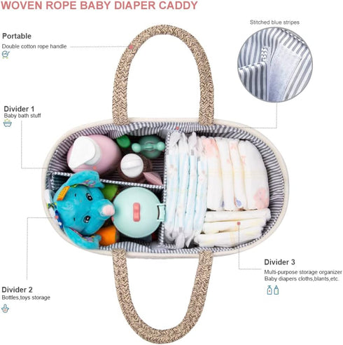 Baby Diaper Caddy Organizer, Portable Nursery Storage Basket with Changeable Compartments, 100% Cotton Woven Rope
