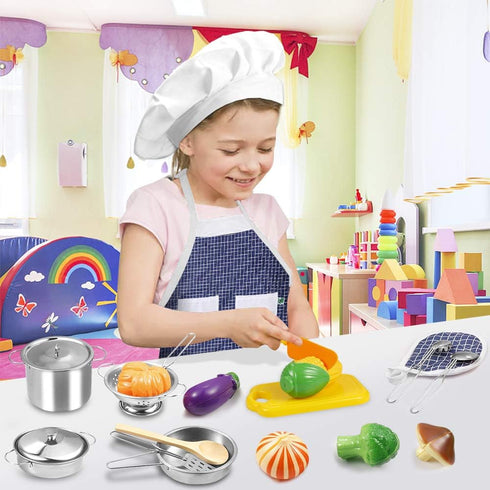 Set Set KODATEK Play Kitchen Accessories, Kids Kitchen Pretend Play Toys, Kitchen with Stainless Steel Cooking Utensils