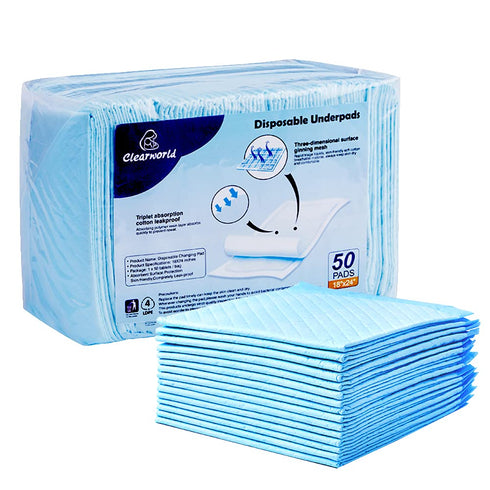 50 Pack 3-Layer 24x18 Clearworld Disposable Changing Pad, Waterproof Baby Disposable Underpads, Portable Diaper