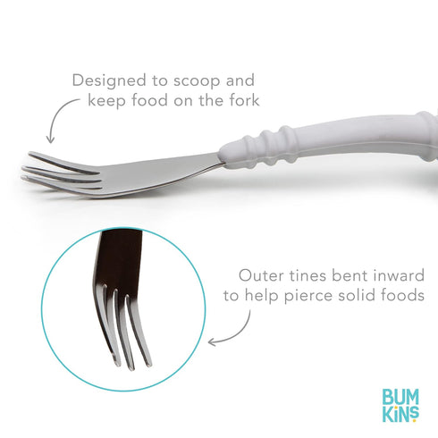 Bumkins Toddler Utensils, Kids Size Fork and Spoon Set, Silicone and Stainless-Steel Training Silverware, Angled Forks/Sporks for Self-Feeding, Children Hold Learning to Eat, 18 Mos Up, Sand Beige by Bumkins