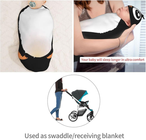 Cute Penguin Newborn Swaddle Blankets Hat Sets, Soft Baby Receiving Blanket Swaddle Sack Gift for Infant Boy Girl