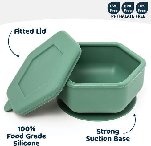 Tiny Twinkle Olive Silicone Suction Bowl with Lid for Baby & Toddler - 100% BPA Free, Microwave Safe Snack Container