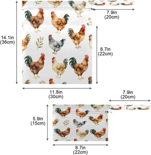Haskirky 2 Hen and Rooster Pcs Cloth Diaper Wet Dry Bags,Waterproof and Washable Bag for Travel Reusable Wet Bag
