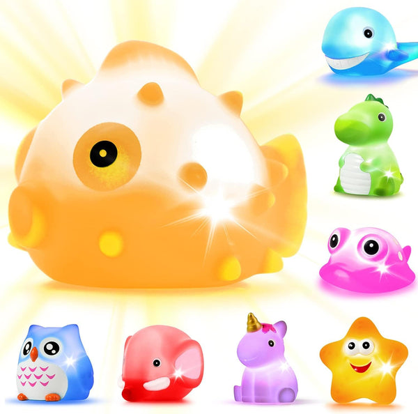 Bath Toys Set of 8 Pcs Light Up Floating Rubber Animal Toys, Color Changing Light for Kids Bathtub Games