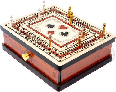 3 Track Non-Continuous Travel Cribbage Board - 60 Points, Maple/Bloodwood Inlaid, 6" x 5" with Storage Drawer