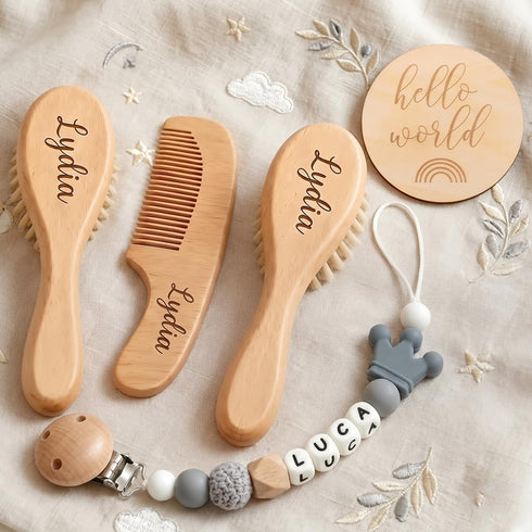 Set Personalized Wooden Baby Hair Brush and Comb Bristles,Personalized Pacifier Clip with Name Newborn Baby Gift