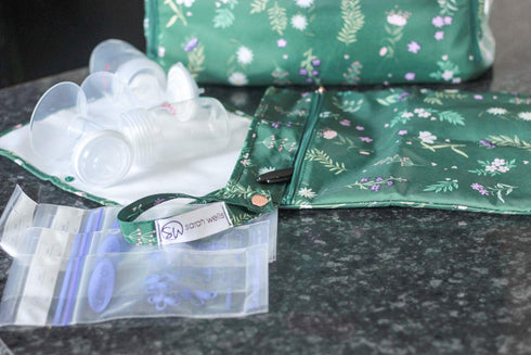 Sarah Wells Pumparoo Wet Dry Bag for Breast Pump Parts Compact Organizer with Waterproof Pocket, Staging Mat & Fridge