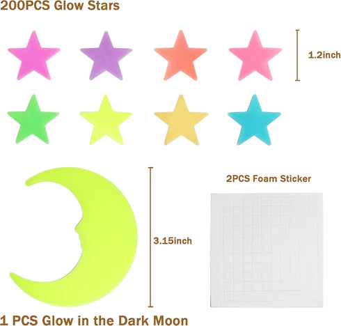 Glow in The Dark Stars and Moon Stickers for Ceiling - 200pcs 3D Luminous Adhesive Stars for Kids Bedroom Room Decor