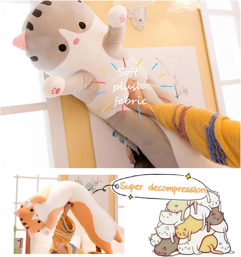 Soft Cat Plush Pillow - Long Stuffed Animals Sleeping Pillow, Cute Long Body Pillow Gift for Kids (43.5inch, Grey)