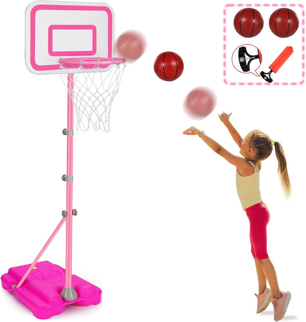 Pink Adjustable Basketball Hoop for Kids 2-6 Years, Portable Indoor/Outdoor Play