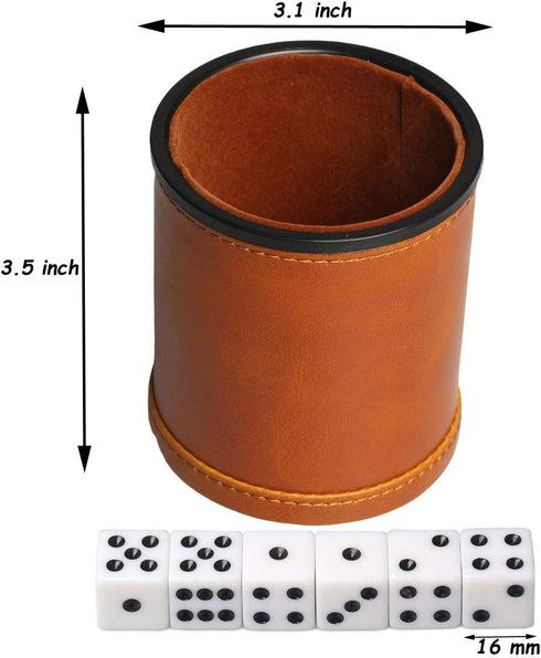 Leatherette Dice Cup with Lid, includes 6 Dices, Velvet Interior for Liars Dice Farkle Yahtzee Games, Brown