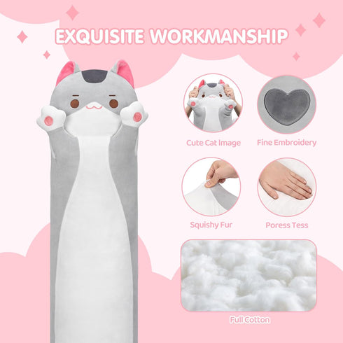 Long Cat Plush Body Pillow, 53 Inch Cute Gray Cat Stuffed Animal, Kawaii Plush Throw Pillow Gift