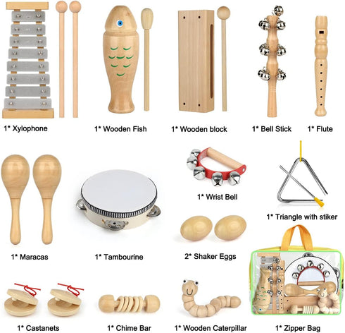 kaqinu Instruments,100% Sets, 23 Kids Musical Natural Wooden Music Percussion Toy Pcs Tambourine Xylophone Toys