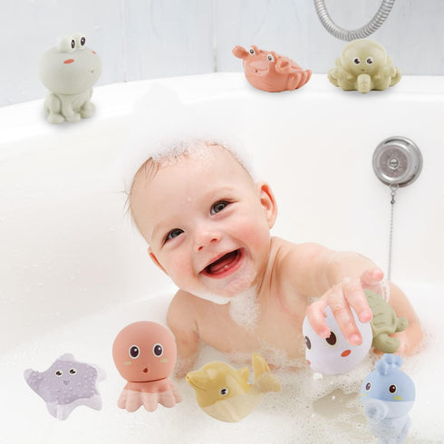 10PCS Bath Toys for Babies 6-12 Months - Silicone Ocean Animals Bathtub Float Toy for Water Play and Learning Skills