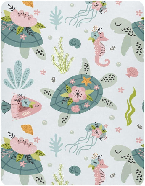 Fitted Crib Sheets, Turtle Sea Horse Stretchy Portable Playard Sheets, Soft Mini Crib Mattress 39 x 27 in for Babies