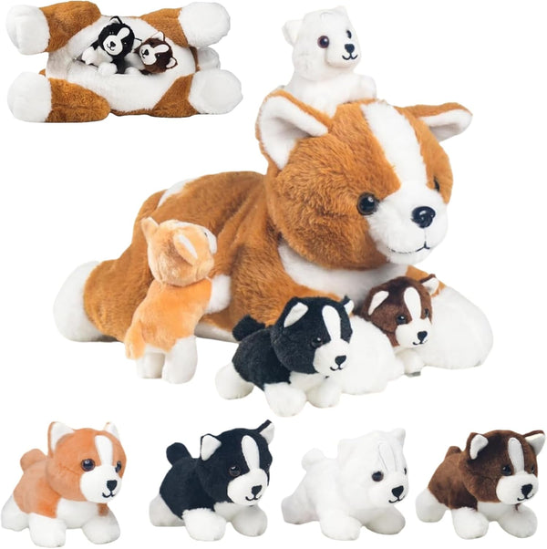5 Pieces Corgi Dog Stuffed Animal with Babies Puppies Inside 16" Stuffed