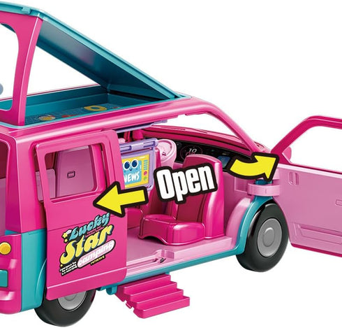 Doll Camper Van Playset for Girls, Portable Doll Car Play with Doll Furniture, Pool & Accessories