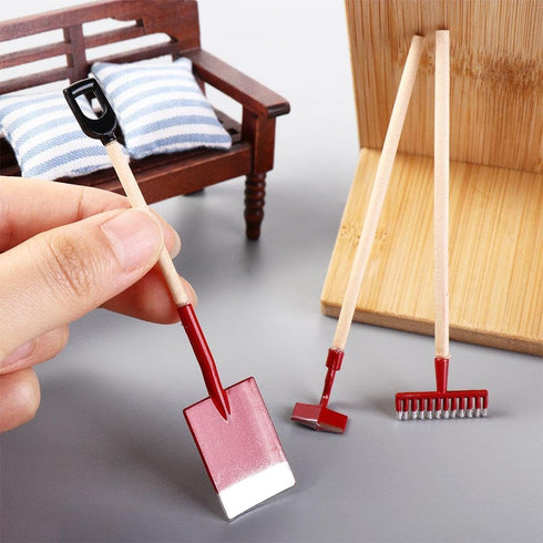 Miniature Dollhouse Garden Tools, 3PCS Mini Doll House Working Accessories, 1:12 Scale Shovel Hoe Pitchfork