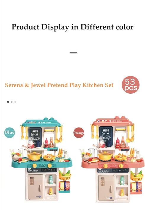 Kitchen Playset Pretend Food Kit by Serena&Jewel - 53 PCS Toy Accessories Set with Real Sounds & Light, Blue