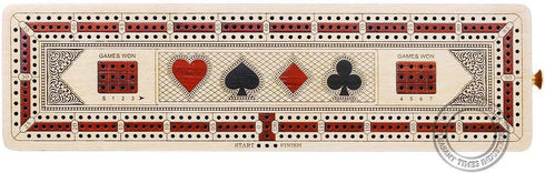 3 Track Continuous Cribbage Board in Maple Wood/Bloodwood - 12.5 Inch Size with Inlaid Card Symbols and Storage Drawer