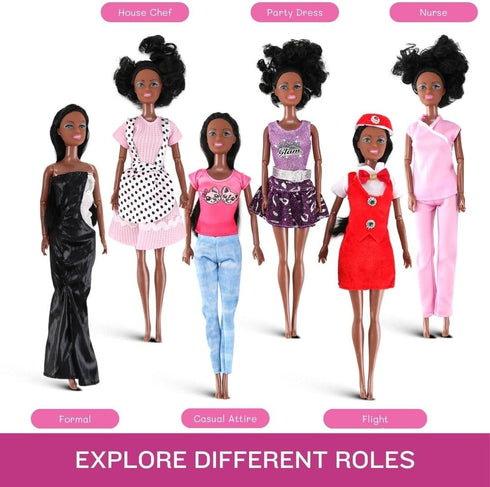 6 Set 11.5" Pack Liberty Imports of African American Black Toy Dolls - Premium Fashion Style Diversity Role Play Dolls