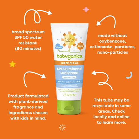 Babyganics SPF 50 Mineral Sunscreen Lotion, 8 oz - Sheer Blend, UVA UVB Protection, Water Resistant, Fragrance Free