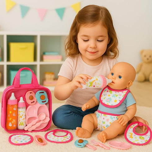 13-Piece Set Set 1218 My Sweet Baby Doll Feeding & Diaper Bag Disappearing Milk Bottles, Bibs, Pacifiers, Diapers