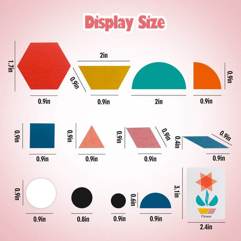 USATDD 180 Pcs Wooden Tangrams Pattern Blocks Set, Classic Educational Montessori Toys for Kids with 24 Pcs Flash Cards