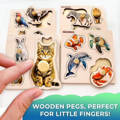 QUOKKA Wooden Puzzles for Toddlers 1-3 - 4 Set Animal and Birds Pegged Learning Toy for Kids Gift