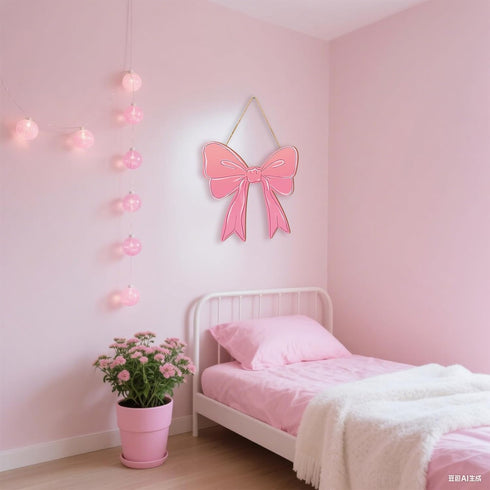 KOYILTD Pink Bow Decor Cute Bow Wooden Hanging Sign Pink Room Decoration Wooden Coquette Wall Art Preppy Room Decor