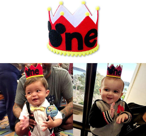 Mickey Theme 1st Birthday High Chair Banner & Party Crown/Hat, Felt Fabric Sign