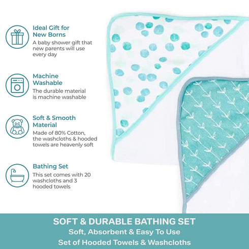 Set 23-Piece Set, Spasilk Bath Hooded Towels & Washcloths for Babies, Gift Green Dots