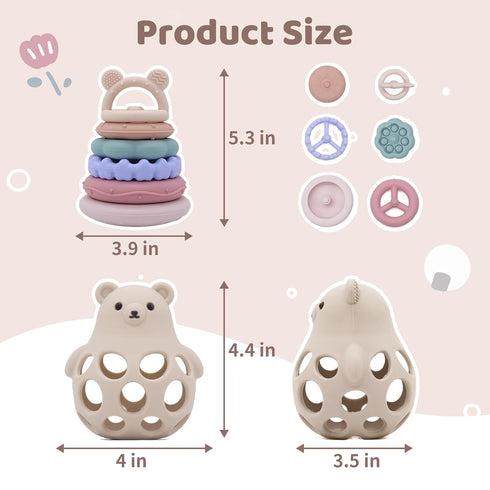 Set 6+ Baby Bear Teething & Stacking Toy - Teething Toys Silicone Teethers, Soft Baby Stacker Rings Teether, Learning
