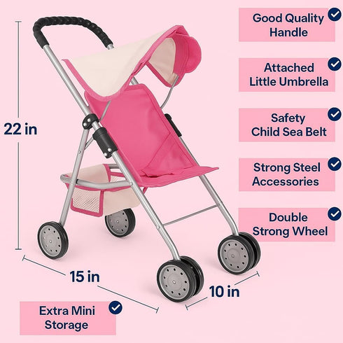 18" 2 fash n kolor My First Doll Stroller with Basket - Pink Off-White Foldable Doll Stroller - Fits Upto Dolls, Free