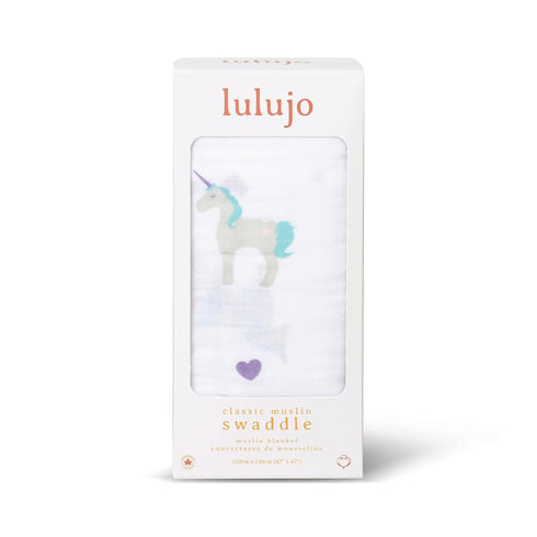 Lulujo Baby 100% Cotton Muslin Swaddle Blanket, 47 x 47-Inches, Rainbows and Unicorns Design