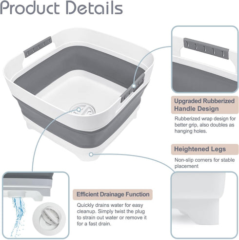 2.4 Gal(9L) Collapsible Wash Basin with Drain Plug,Dishpan for Soaking Baby Bottles,Portable Sink Tub,Ice Beverage Tubs