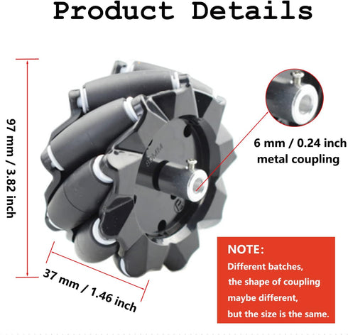 Premium 97mm Omni Directional Tire Mecanum Wheel for AGV Robot Car Chassis, 4pcs Metal 6mm Coupling Motor Connector for