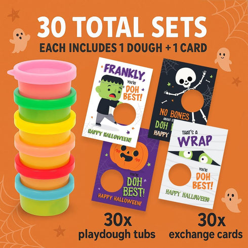 30 Pack Play Dough Halloween Party Favors for Kids Non-Candy Gifts with Playdough and Classroom Exchange Cards