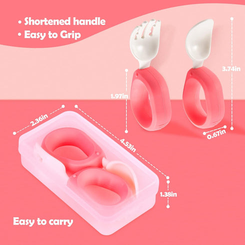 Baby Self Feeding Training Spoon and Fork Set with Travel Case, BPA-Free Toddler Utensils, Silicone/ABS (Pink)
