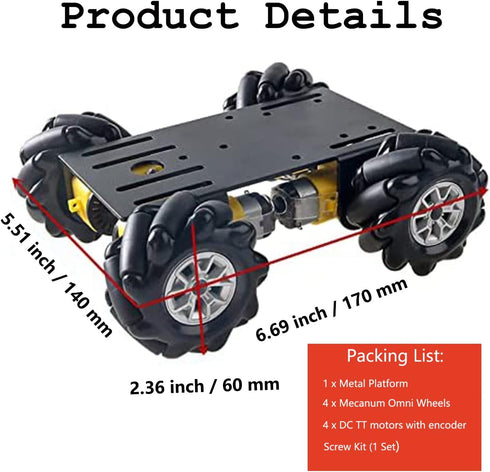 Professional 60mm Mecanum Wheel Car Chassis MC100 for Arduino/Raspberry Pi, Remote Control 4WD Metal Kit
