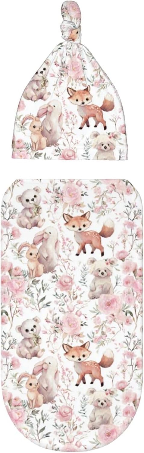 Nanyizly Set 0-6m Watercolor Cute Animals Newborns Beanie Swaddle Blanket Baby Receiving Blankets for Infant Boy Girl