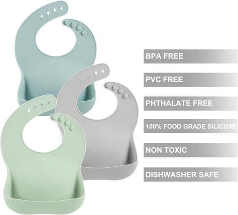 PandaEar 3 Pack Silicone Baby Bibs | Waterproof Toddler Bibs | Adjustable Unisex Baby Bibs for Eating, BPA Free