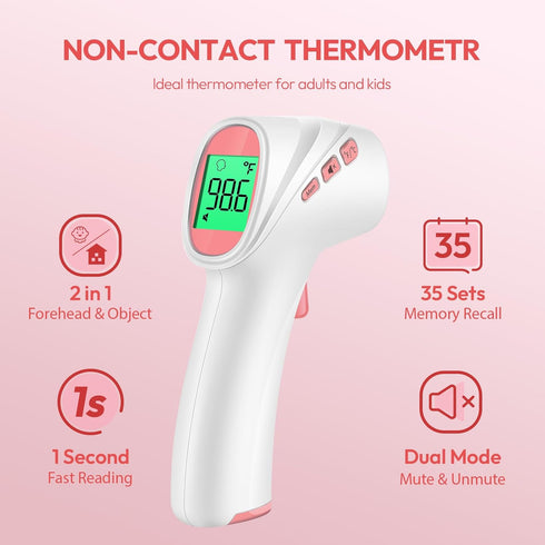 No-Touch Forehead Thermometer, Infrared Digital Thermometer for Adults, Kids & Babies, LCD Backlight Display, Fever Alarm and 1s Instant Reading - Pink