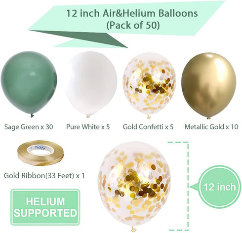 Green and Gold Party Balloons, 50 Pcs 12 Inch Retro Sage Green White Metallic Balloons with Gold Confetti for Wedding