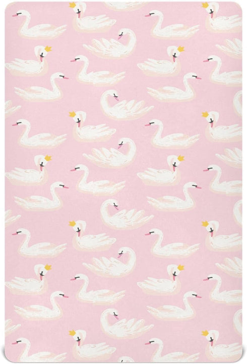 Fitted Crib Sheets Pink Cute Swan Animals - Stretchy Portable Playard Sheets for Baby Toddler, 39 x 27 in for Boys and