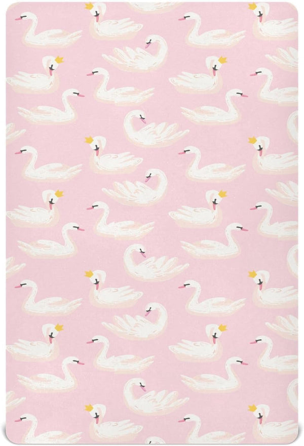 Fitted Crib Sheets Pink Cute Swan Animals - Stretchy Portable Playard Sheets for Baby Toddler, 39 x 27 in for Boys and